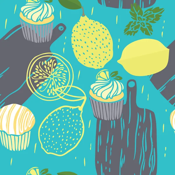 Coleta de alimentos As placas de corte muffins de limão e limões Padrão sem costura desenhado à mão — Vetor de Stock