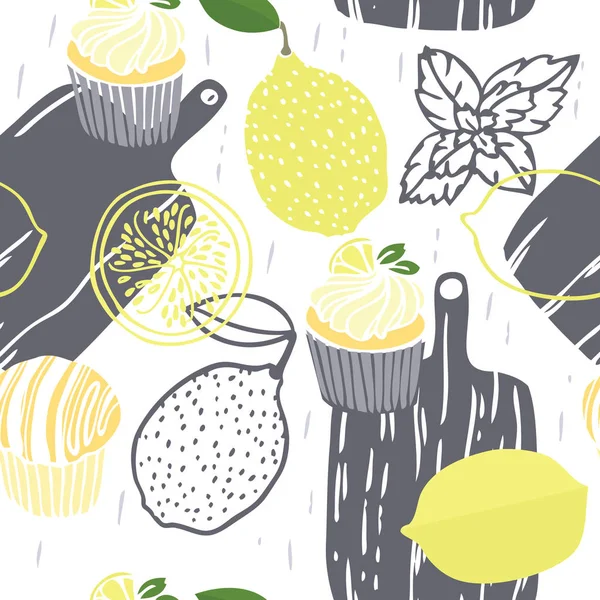 음식 컬렉션 절단 보드 민트 손으로 그려진된 원활한 패턴 레몬 머핀 — 스톡 벡터