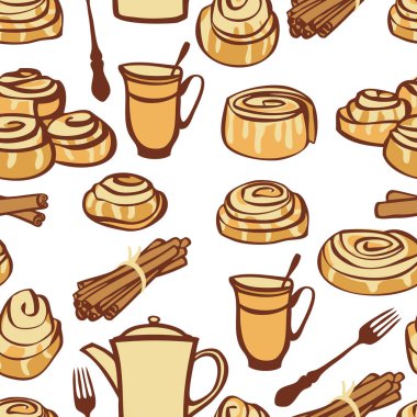 Food collection Afternoon tea with cinnamon buns Bakery spices Seamless pattern clipart