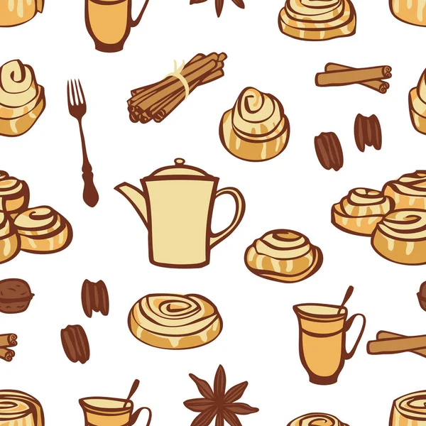 Colección de alimentos Bollos de canela y especias de panadería Patrón sin costuras — Vector de stock