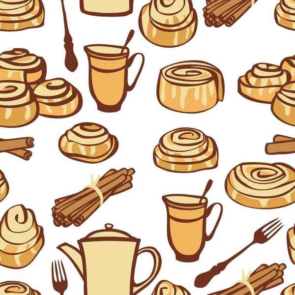 Lebensmittel-Sammlung Nachmittagstee mit Zimtbrötchen Bäckerei Gewürze nahtlose Muster — Stockvektor