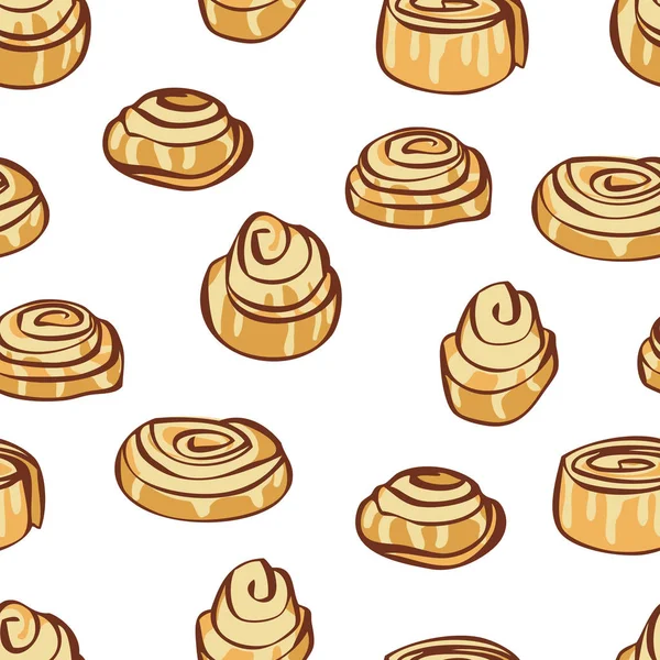 Food collection Delicious cinnamon buns Seamless pattern — Stock Vector