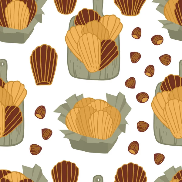 Colección de alimentos Deliciosas madeleines con avellana Patrón sin costuras — Vector de stock