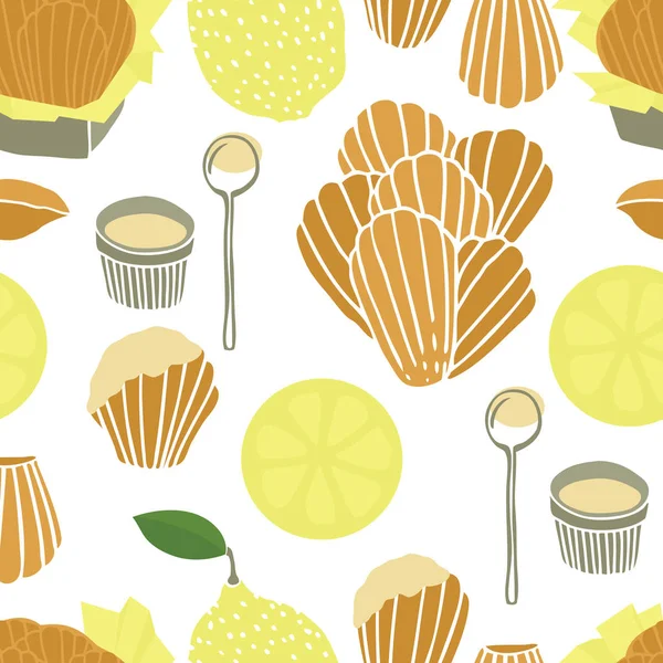 Colección de alimentos Deliciosas madeleines con limón Patrón sin costuras — Vector de stock