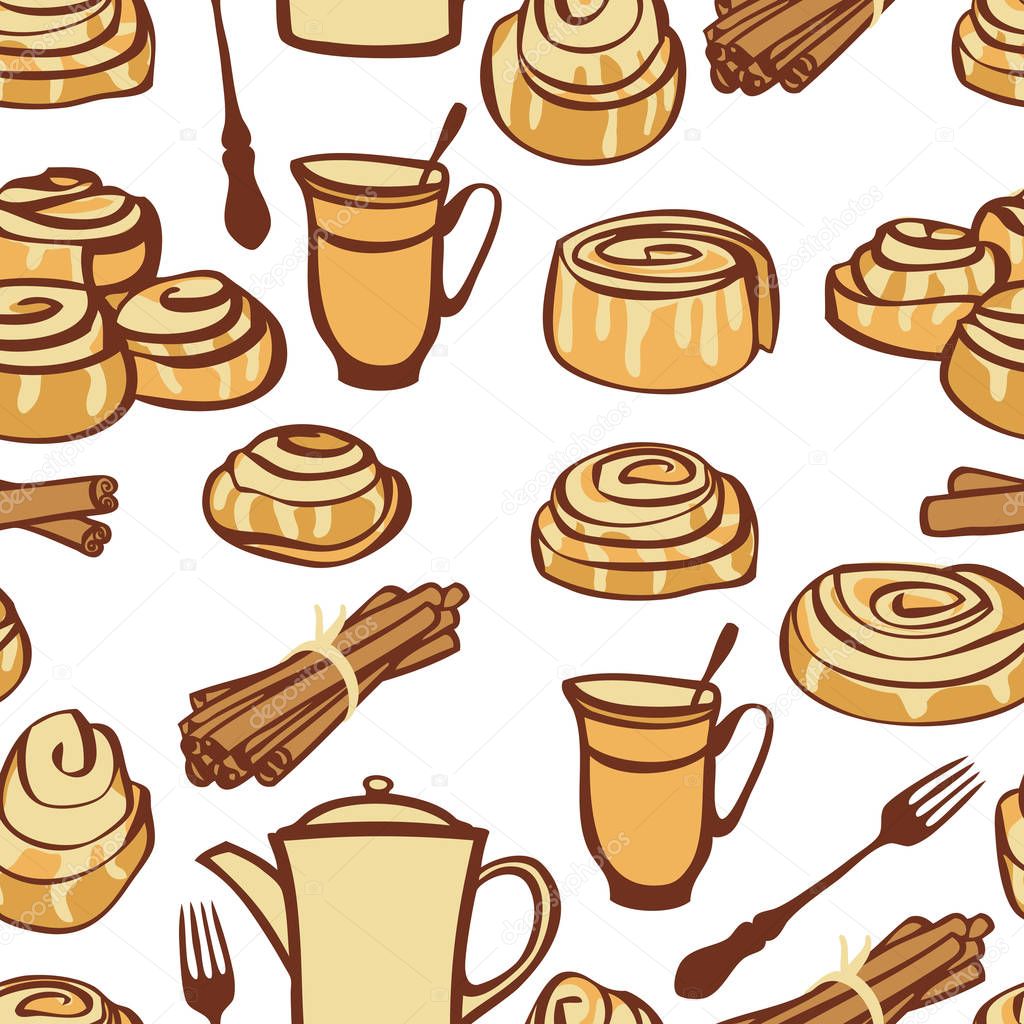 Food collection Afternoon tea with cinnamon buns Bakery spices Seamless pattern