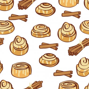 Food collection Delicious cinnamon buns and cinnamon sticks Seamless pattern clipart