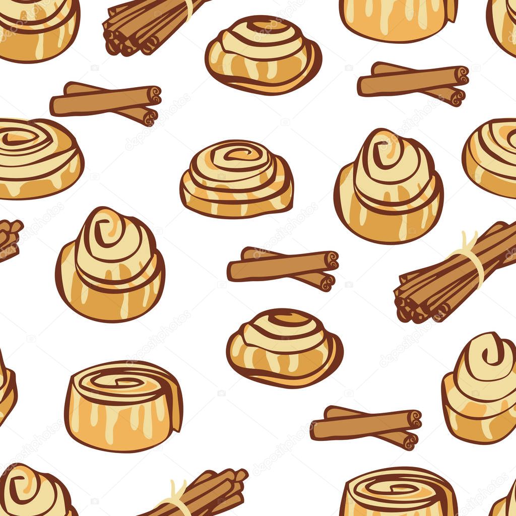 Food collection Delicious cinnamon buns and cinnamon sticks Seamless pattern