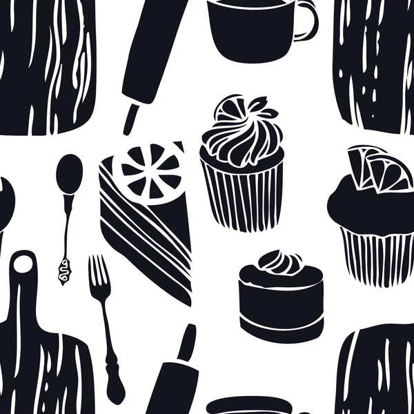 Coleta de alimentos As tábuas de corte Muffins Padrão sem costura — Vetor de Stock