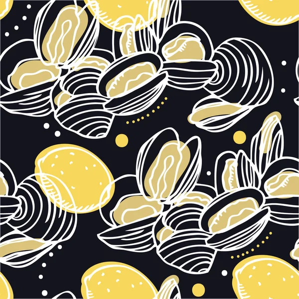 Lebensmittel-Sammlung köstliche Venusmuscheln und Zitronen schwarze Farbe nahtlose Muster — Stockvektor