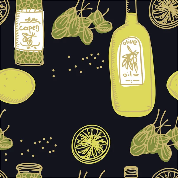 Jídlo kolekce olivový olej a kapary černém pozadí vzor bezešvé — Stockový vektor