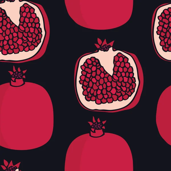 Voedsel collectie granaatappels zwarte achtergrond naadloze patroon — Stockvector