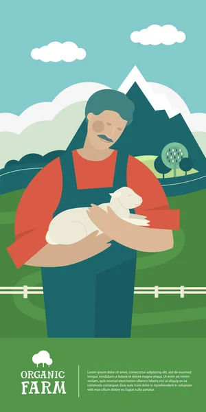 Fazenda hoje Fazenda orgânica Fazendeiro segurando um cordeiro recém-nascido Desenhos animados —  Vetores de Stock