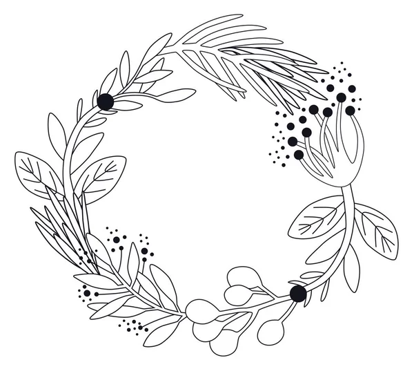 Flower Wreath Leaves Line Doodle Art Vector Illustration Romantic Leafy — Stock Vector