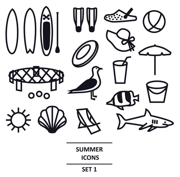 Summer Icons Black Line Set Travel Vacation Weekend Isolated Vector — Stock Vector