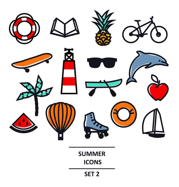 夏天图标黑线旅行 假期和周末孤立的矢量插图颜色设置两个象形文字 — 图库矢量图片
