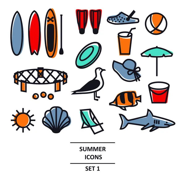 Summer Icons Black Line Set Reise Urlaub Und Wochenende Isolated — Stockvektor