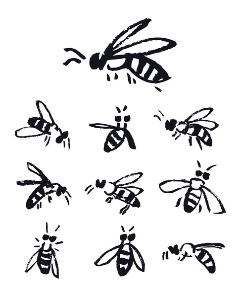 Méhek Fekete Vektor Illusztrációk Izolált Tárgyak Kézi Rajz Vázlat Stílusú — Stock Vector