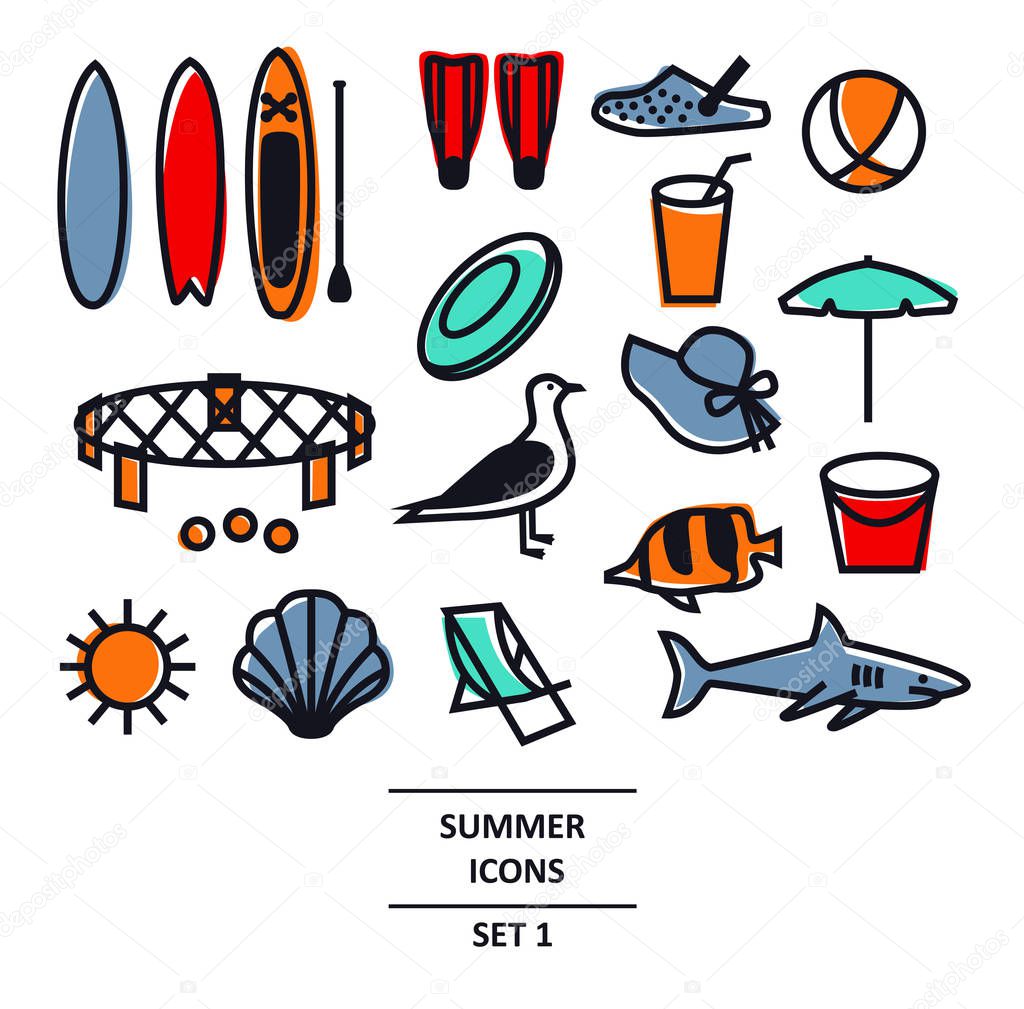 Summer Icons Black line set Travel, vacation and weekend Isolated Vector illustration set