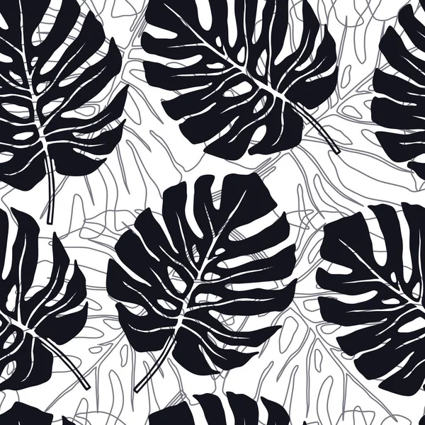 ブラックパームの葉ベクトルイラスト夏のシームレスなパターン熱帯林セット — ストックベクタ