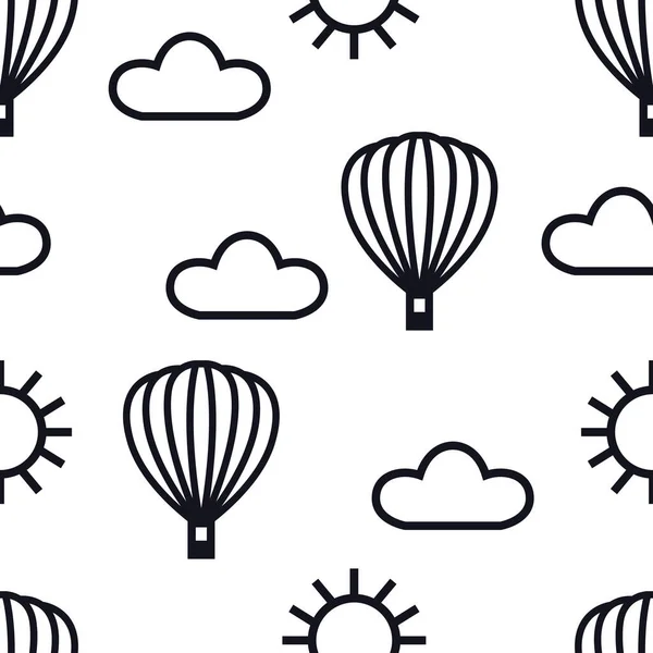 Zwarte Lineaire Pictogrammen Hete Lucht Ballonnen Wolken Zon Naadloos Patroon — Stockvector