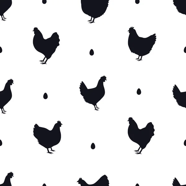 Pollo Silueta Negra Patrón Sin Costura Conjunto Ilustración Vector Plano — Vector de stock