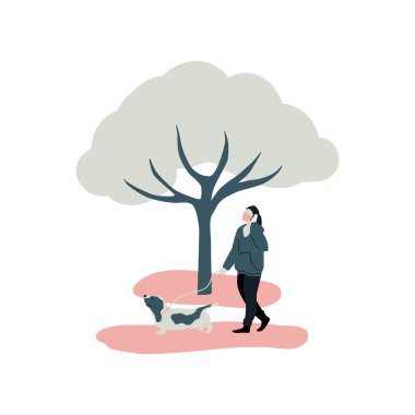 Kadın, parkta Basset Hound Dog 'la tek başına yürüyor. Beyaz arka planda düz vektör çizimi. Sağlık ve güvenliği korumak için tıbbi maske takıyor.