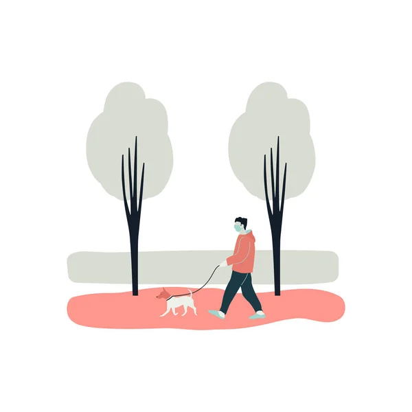 Jeune Homme Marche Seul Avec Chien Parc Illustration Vectorielle Plate — Image vectorielle