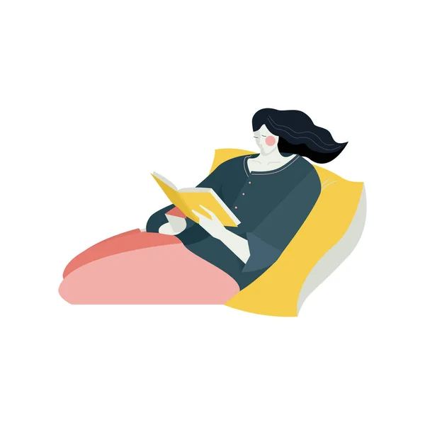 Junge Frau Liegt Auf Gelbem Kissen Mit Buch Rest Home Stockillustration