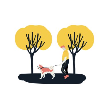 Adam Akita köpeğiyle parktaki düz vektör çiziminde tek başına yürüyor.