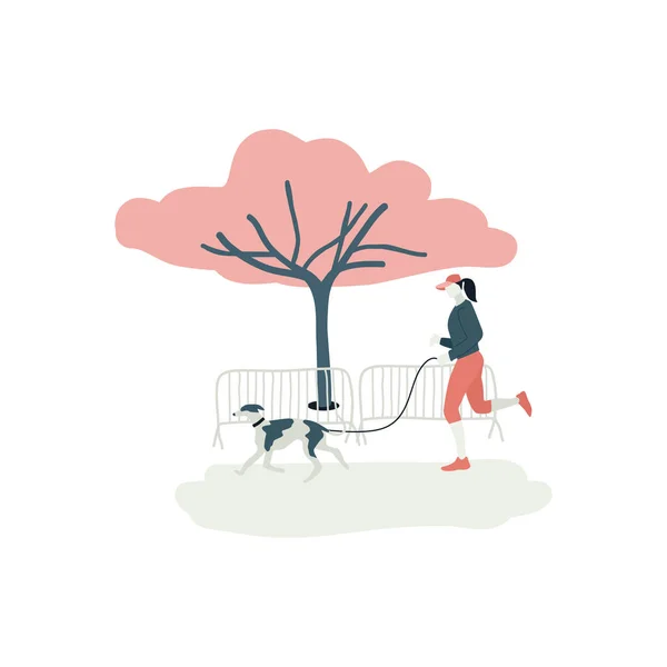 Young Woman Running Alone Her Greyhound Dog Park Flat Vector — Stock Vector