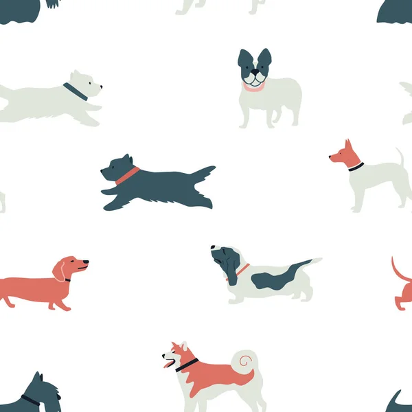 面白い犬シームレスなパターン白い背景セットのフラットベクトルイラスト — ストックベクタ