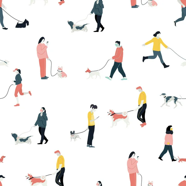 Pessoas Andando Com Cães Ilustração Vetorial Plana Conjunto Padrões Sem —  Vetores de Stock