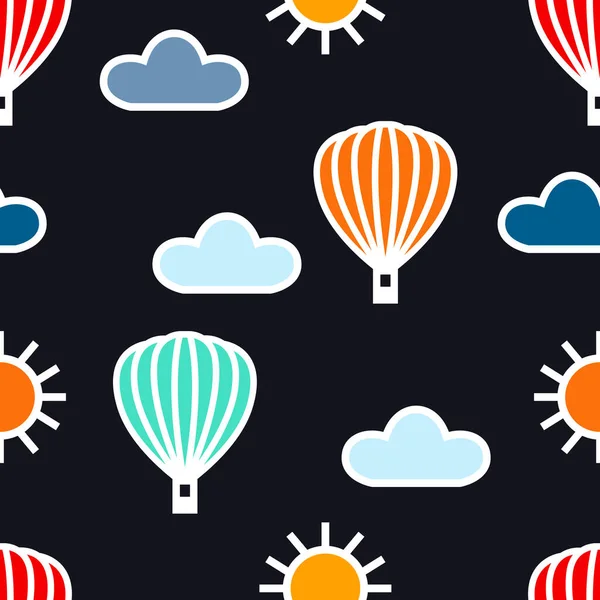 Hora Verano Globos Aire Caliente Nubes Sol Patrón Sin Costuras — Vector de stock