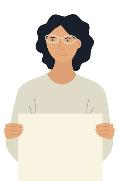 Gözlüklü Genç Kadın Boş Kağıt Tutuyor Zole Vektör Düz Çizim — Stok Vektör