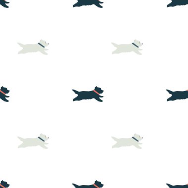 Komik beyaz ve siyah koşu köpekleri Düz vektör çizimi Kusursuz desen