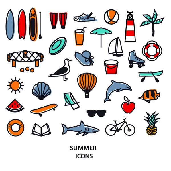 Summer Icons Black Line Set Travel Vacation Weekend Isolated Vector — Stock Vector