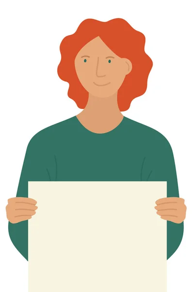 红头发的女孩拿着空白纸孤立的矢量平面插图集 — 图库矢量图片