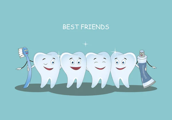 Dientes de Best Friends. Ilustración vectorial. Ilustración para odontología y ortodoncia infantil. Imagen de cepillo de dientes, pasta dental y diente. Dientes sanos felices . — Vector de stock