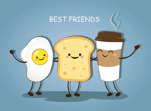 Teman baik. Sarapan. Selamat pagi. Foto lucu dari kopi, telur dan roti panggang. Ilustrasi vektor  . Stok Ilustrasi Bebas Royalti