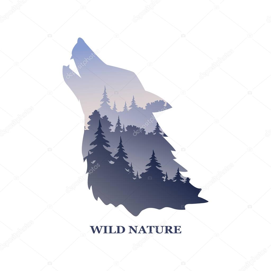 Vector logo with the inscription wildlife. Nature landscape with a wild wolf. Vector illustration.