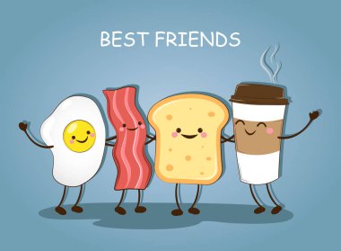 En iyi dostlar. Kahvaltı. Sabah kahvaltı. Şirin resmi bir kahve, pastırma, yumurta ve tost. Vektör çizim.