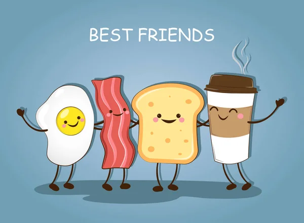 Teman baik. Sarapan. Pagi sarapan. Foto lucu dari kopi, daging, telur dan roti panggang. Ilustrasi vektor  . Stok Ilustrasi 