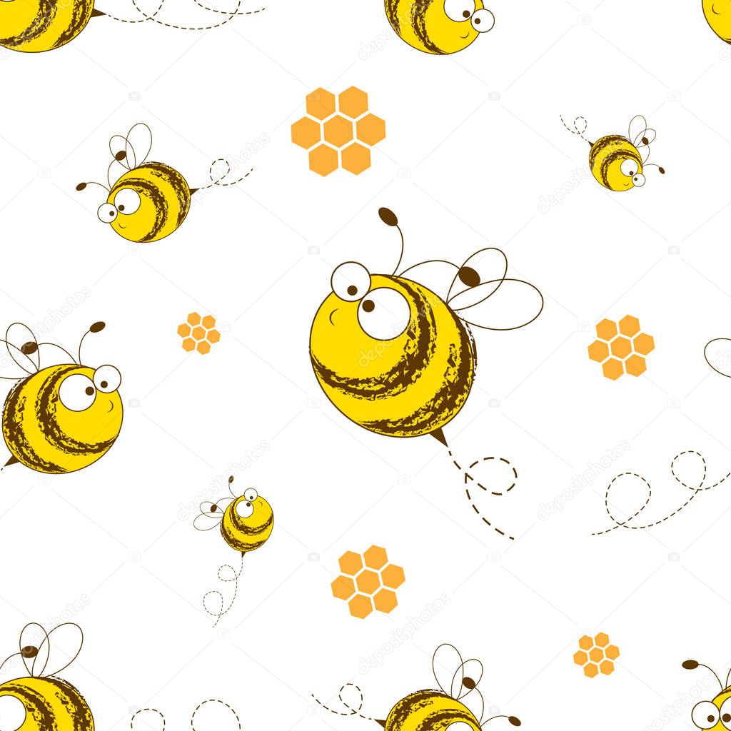 Bees seamless pattern. Vector illustration. The bees and honeycomb. Funny bees on a white background.