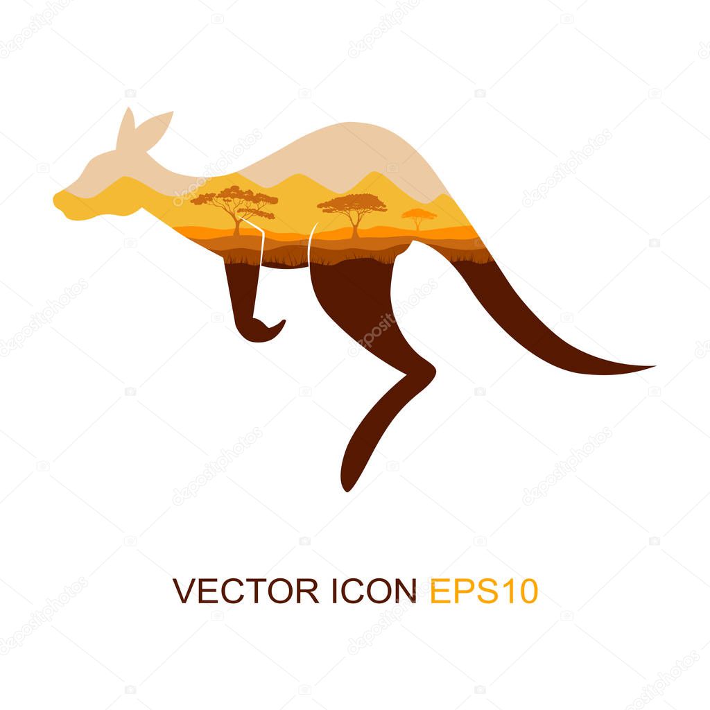 Silhouette of a kangaroo. Logo. The flat icon with the image of a kangaroo.  African nature. Wild nature. Vector illustration.