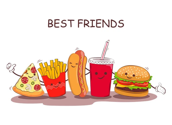 Comida rápida. Ilustração vetorial. Bonito melhores amigos imagem com a imagem de fast food. Imagem fast food em estilo vintage . — Vetor de Stock