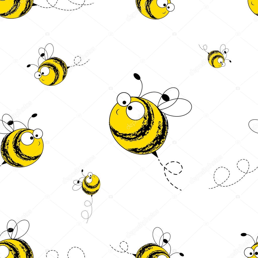 Bees seamless pattern. Vector illustration. Funny bees on a white background.