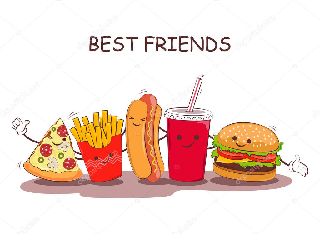 Fast food. Vector illustration. Cute best friends picture with the image of fast food. Image fast food in vintage style.