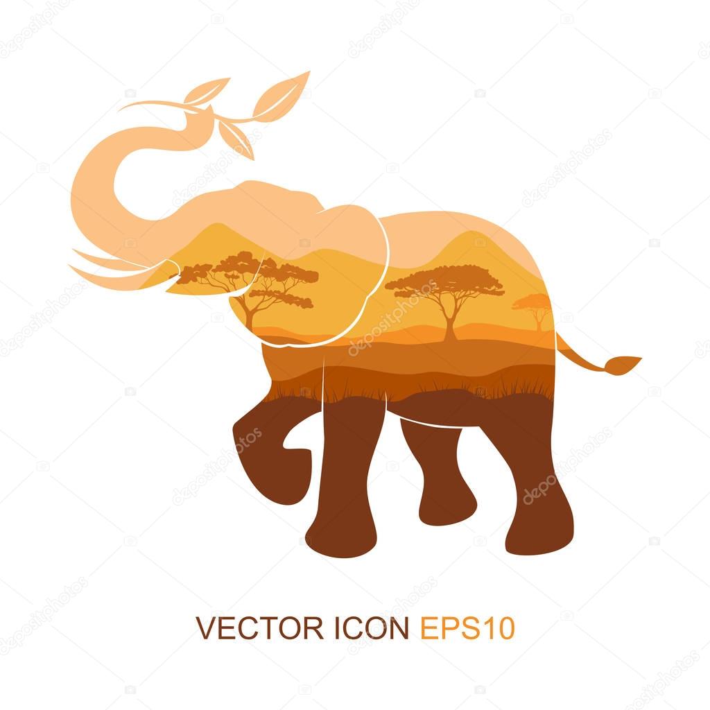 Elephant symbol.Vector illustration. elephant picture tea and sprigs. Silhouette of an elephant. Logo for tea. Flat icon.