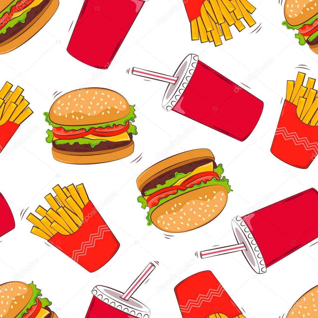 Seamless background of fast food. Hand drawing fast food. Vector illustration.