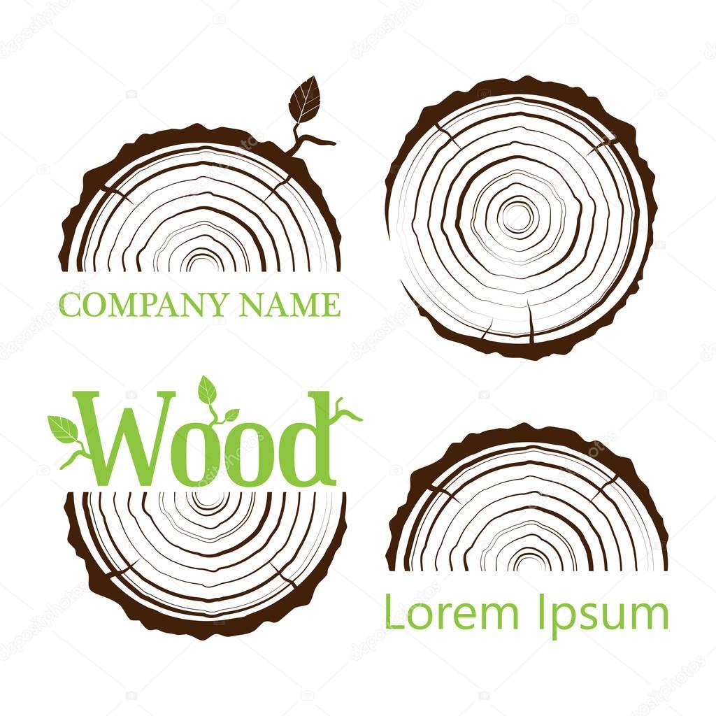 Set a cross section of the trunk with tree rings. Vector illustration. Logo. Tree growth rings. Tree trunk cross-section. 